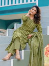 Mehendi Colour Cotton Blend With Print Kurti With Pant Dupatta Wholesale Market In Surat Aaradhna 2029